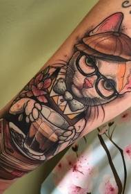 nieuwe school gekleurde schattige kat met hoed en boek tattoo patroon