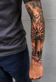 patrón de tatuaje de brazo de faro pequeño de estilo gris negro