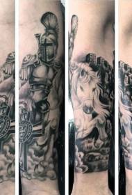 Ang buolbuol nga itom ug puti nga medieval knight riding ug pattern sa tattoo sa kastilyo