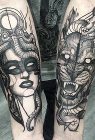 braccio in stile schizzo donna in bianco e nero con polpo e leone modello tatuaggio