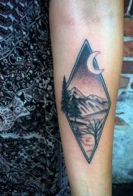 rankos juodo geometrinio naktinio kalno ir medžio tatuiruotės raštas
