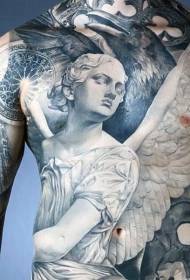 estátua de anjo preto e branco no peito e abdômen com padrão de tatuagem de igreja antiga