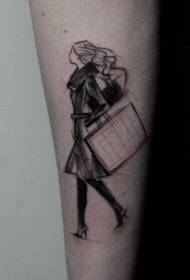 sketch style black walking girl tattoo pattern