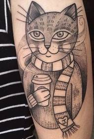 old school cat and coffee cup tattoo pattern