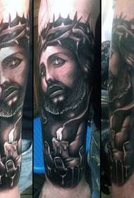हात काळा राखाडी शैली येशू आणि बर्न मेणबत्त्या टॅटू नमुना