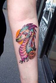 Braço divertido dragão colorido e sol flor tatuagem padrão