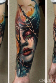 nowy szkolny kolor krwawiące portret kobiety tatuaż wzór