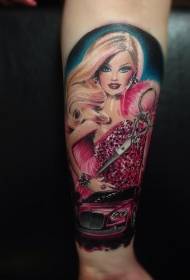 arm søt farge Barbie dukke med tatoveringsmønster for bil og saks