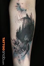Estilo ng Pag-ukit ng Arm Black and White skull Forest at Moon Tattoo Pattern