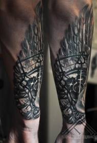 arm zwart-witte klok veren tattoo patroon