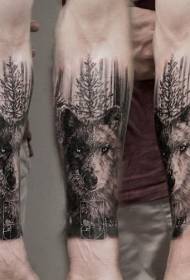 Lengan-gaya nyata pola tato serigala hutan hitam dan putih