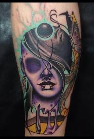 new school color creepy face with fish tattoo pattern