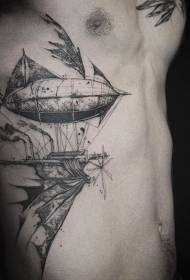 sida revben snidning stil svartvit fantasy luftskepp tatuering mönster