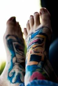 男性脚背彩色卡通纹身图案