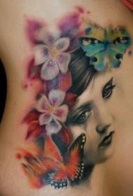 talje gamle skole farve blomster og kvindelig portræt tatovering mønster