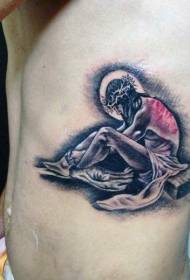 Costillas laterales dramático patrón de tatuaje de Jesús triste en blanco y negro