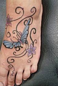 Instep butterfly flower vine tattoo pattern
