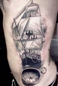 Side ribs realistic style black and white sailboat with compass tattoo pattern