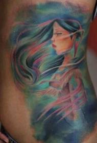 tatuaggio di stile dell'illustrazione della donna indiana di colore laterale della vita