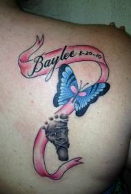 modello di tatuaggio impronte di bambino nastro rosso e farfalla blu