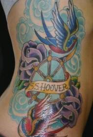 side rib svaler og blå sky blomsterbrev tatoveringsmønster
