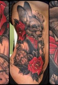side rib school bunny combined with red rose and clock tattoo pattern