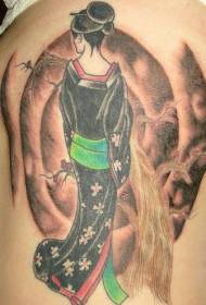 waist side color Japanese geisha tattoo pattern