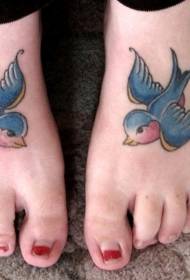 hình xăm con chim màu xanh dễ thương trên mu bàn chân của cô gái