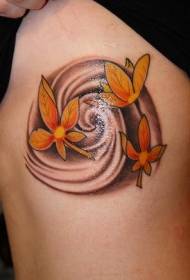 女性腰側彩色橙葉紋身圖案