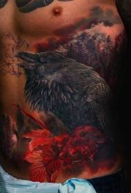 трбушна боја реалистична велика врана и тамна шума тетоважа