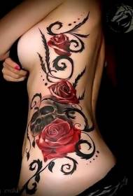side rib color realistic red rose and skull tattoo pattern