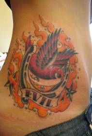 passero rosso diabolico in vita e motivo tatuaggio fiamma