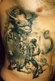 side rib warrior and evil dragon battle tattoo pattern