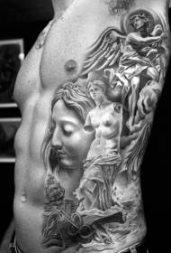 کمر کی طرف سیاہ اور سفید فرشتہ مجسمہ ٹیٹو تصویر