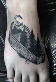 bara di legno in bianco e nero e motivo ad albero di luna sul collo del piede 113065 - modello di tatuaggio in bianco e nero decorativo tagliente stile piede posteriore