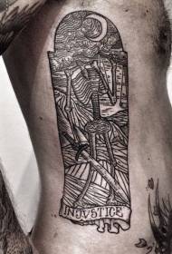 sānu ribu griešanas stila melnas līnijas skeleta burtu tetovējums