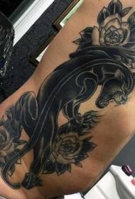 бічні ребра старої школи чорний Леопард і троянди мереживні татуювання візерунок