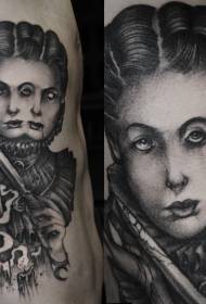 Oldalsó borda gravírozás stílusú fekete-fehér titokzatos nő, véres koponya tetoválás mintával