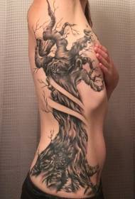costola laterale in stile grigio nero danneggiato modello di albero vecchio tatuaggio