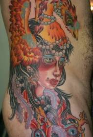 old school side rib color kvinne med Phoenix tatoveringsmønster