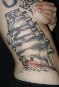 waist side traditional sketch wind ship tattoo pattern