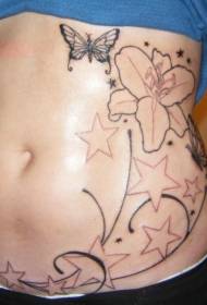 side ribs beautiful flowers with stars and butterflies tattoo pattern