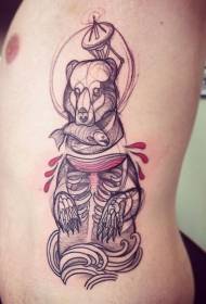 oldalsó bordafaragás stílusú színes medve csontváz és hal tetoválás mintával