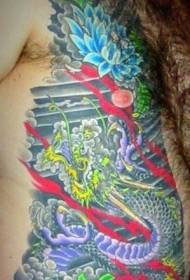 боковое ребро фиолетовый дракон и разноцветный рисунок татуировки лотоса 111994 - боковые ребра Азиатские иероглифы и цветочные татуировки