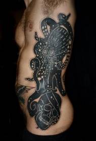 side rib sort og hvid gigantisk blæksprutte og kranium tatoveringsmønster