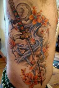 Side ribs Asian traditional colored samurai and flower tattoo designs