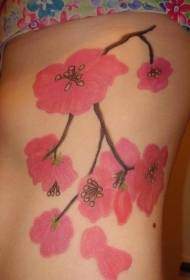 사이드 리브 레드 매력적인 아름다운 꽃 문신 패턴