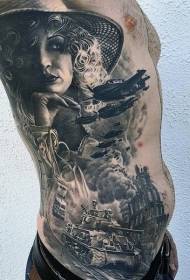 bočné rebrá veľmi realistická čierna sivá vojenská zbraň so vzorom tetovania ženského portrétu