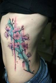 허리 측면 색상 구식 꽃 문신 패턴