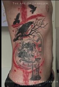 patrón de tatuaje de calavera y cuervo de color de estilo moderno de lado de cintura